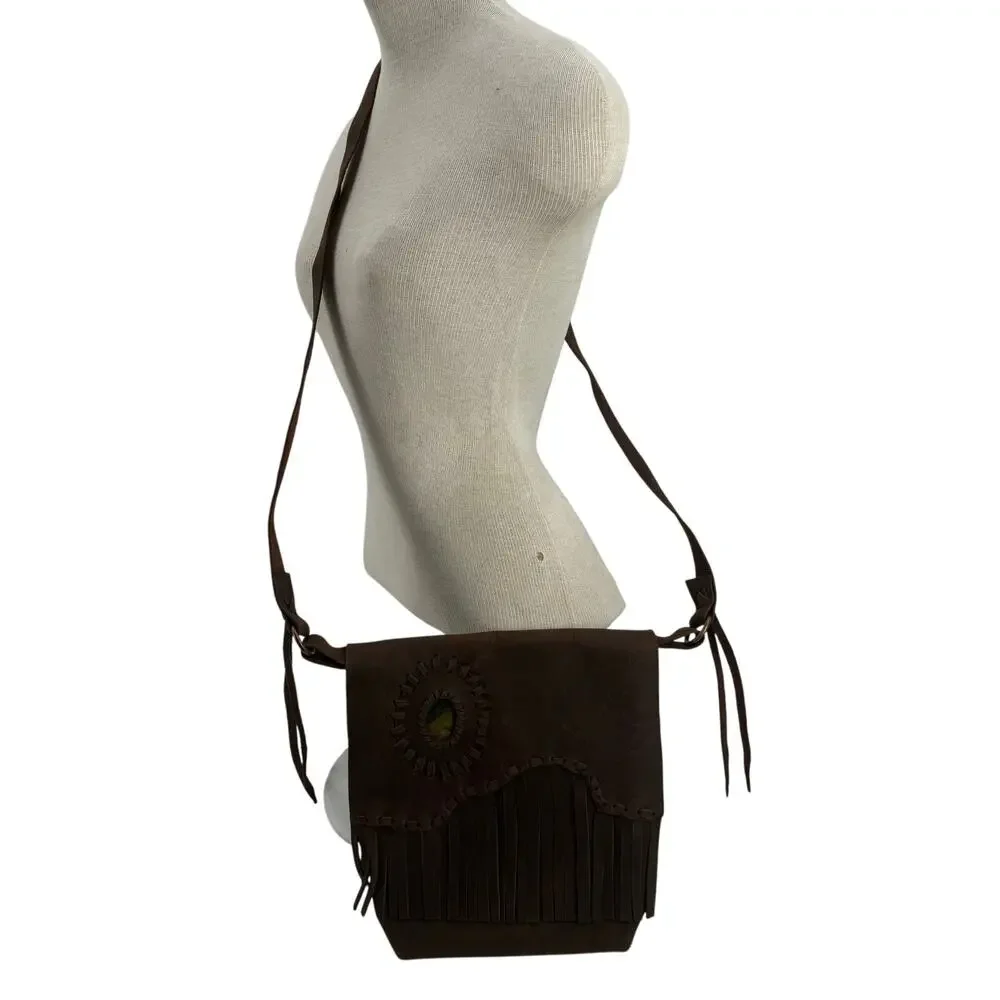 Handmade Brown leather fringe Crossbody bag